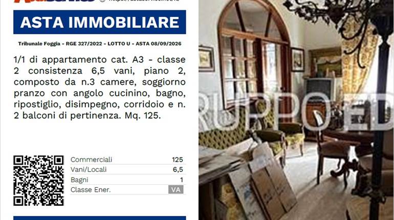 Tribunale Foggia - RGE 327/2022 - LOTTO U - ASTA 08/09/2026
