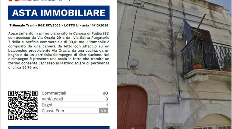 Tribunale Trani - RGE 157/2025 - LOTTO U - asta 14/10/2026