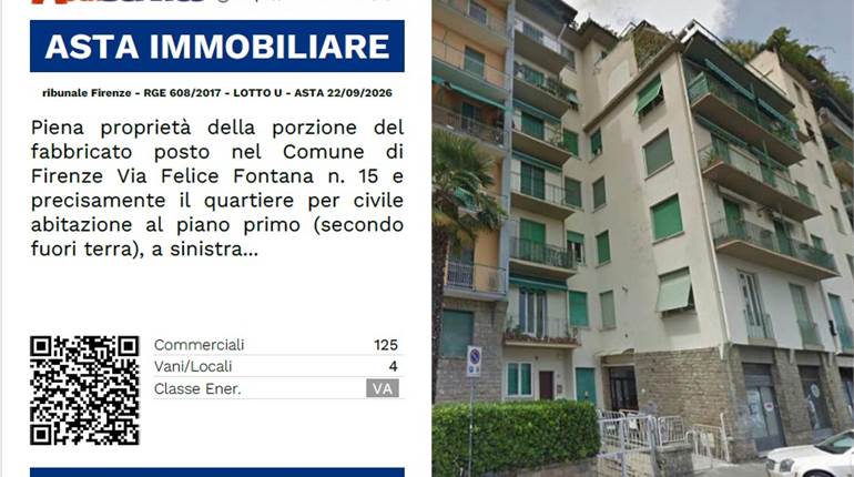 Tribunale Firenze - RGE 608/2017 - LOTTO U - ASTA 22/09/2026