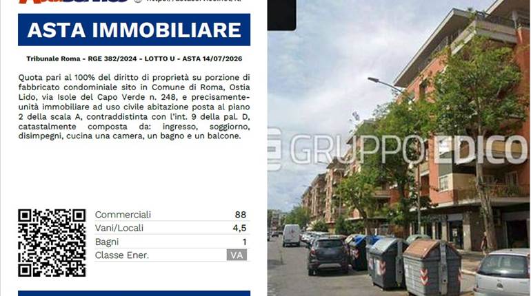 Tribunale Roma - RGE 382/2024 - LOTTO U - ASTA 14/07/2026