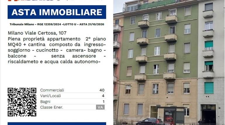 Tribunale Milano - RGE 12359/2024 -LOTTO U - ASTA 21/10/2026