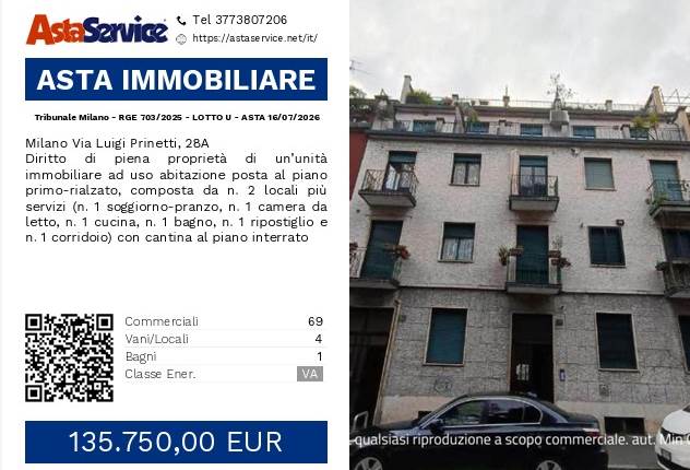Tribunale Milano - RGE 703/2025 - LOTTO U - ASTA 16/07/2026