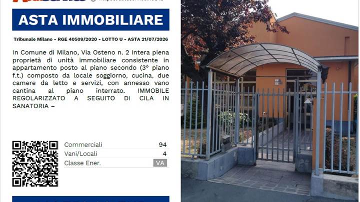 Tribunale Milano - RGE 40509/2020 - LOTTO U - ASTA 21/07/2026