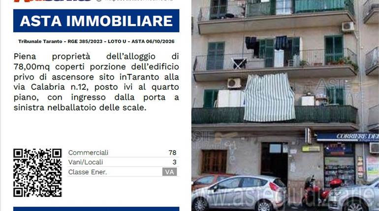 Tribunale Taranto - RGE 385/2023 - LOTO U - ASTA 06/10/2026