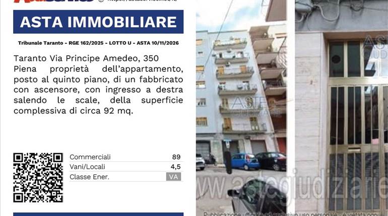 Tribunale Taranto - RGE 162/2025 - LOTTO U - ASTA 10/11/2026