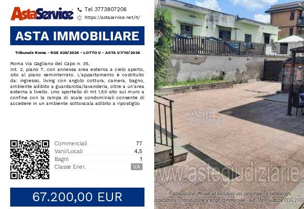 Tribunale Roma - RGE 626/2024 - LOTTO U - ASTA 07/10/2026