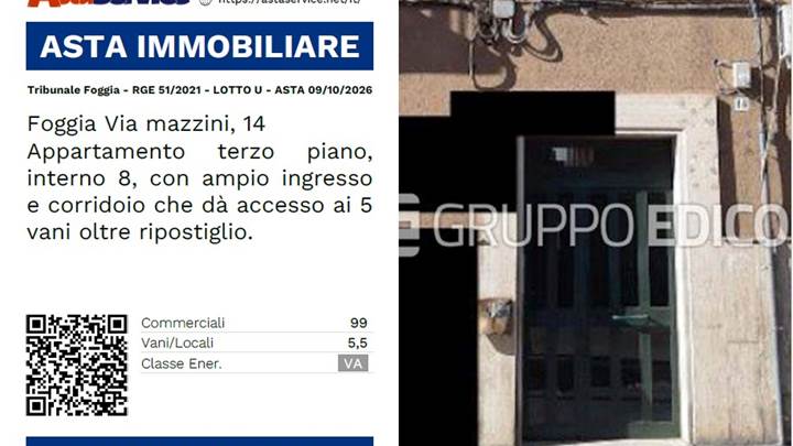 Tribunale Foggia - RGE 51/2021 - LOTTO U - ASTA 09/10/2026