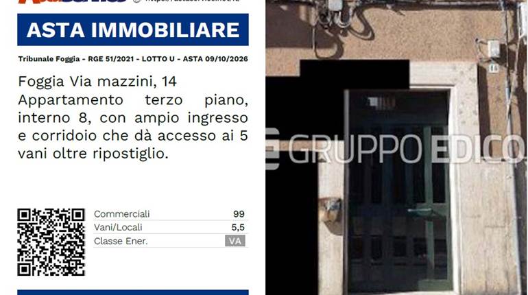 Tribunale Foggia - RGE 51/2021 - LOTTO U - ASTA 09/10/2026