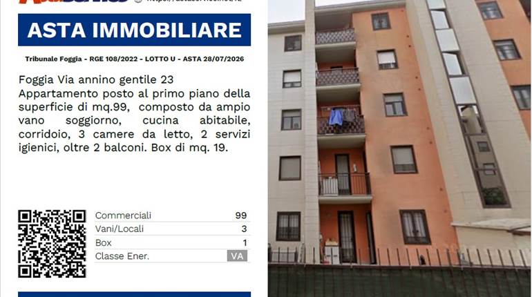 Tribunale Foggia - RGE 108/2022 - LOTTO U - ASTA 28/07/2026