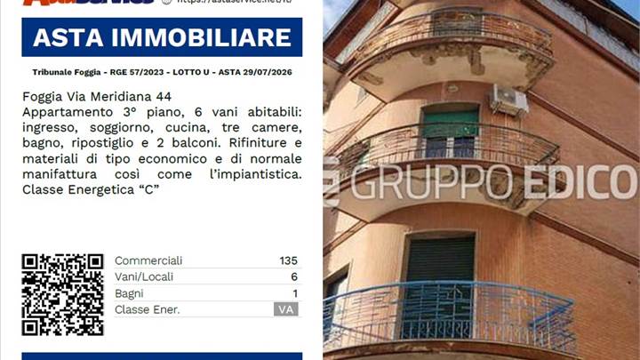 Tribunale Foggia - RGE 57/2023 - LOTTO U - ASTA 29/07/2026