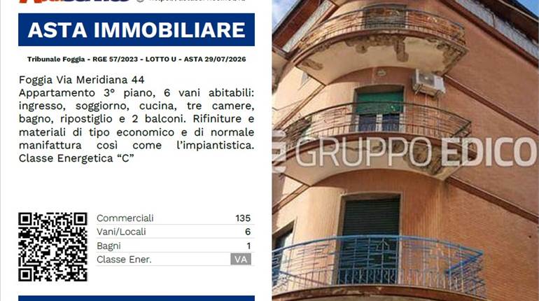 Tribunale Foggia - RGE 57/2023 - LOTTO U - ASTA 29/07/2026